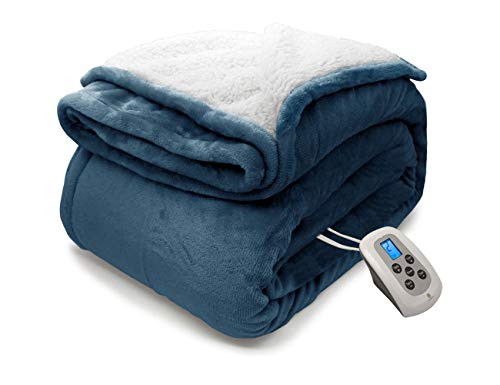 MARQUESS Electric Blanket MicroPlush Sherpa and Reversible Flannel Washable Comfortable with 4 Heat Settings/Safety 10 Hours Auto-Off Controller (62 x 84) (Navy)