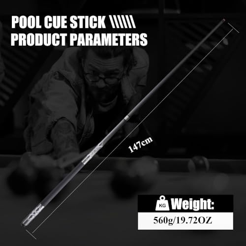 Billiard Cue Stick 9-ball 8-ball 1/2 Split Carbon Fiber Pool Cue 13MM Tip | Straightness,sweat-absorbent Grip, Stainless Steel Joint, Explosion-Proof,144cm 560g, with freebies tips chalks gloves glue
