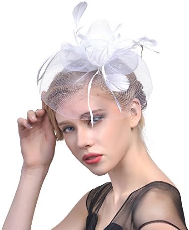 Women's Flower Feather and Veil Fascinator Cocktail Party Hair Clip Hat (White)