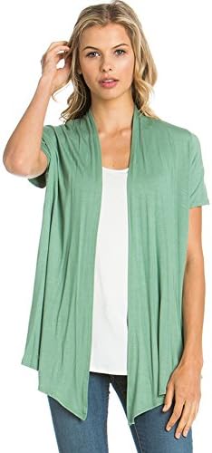 12 Ami Basic Solid Short Sleeve Open Front Cardigan Sage Medium