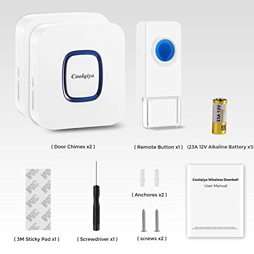 Coolqiya Wireless Doorbell Chime Waterproof Remote Door Bell Button Ring for Home, No Battery Required for Receiver 52 Ringtones, 1 Transmitter + 2 Receivers