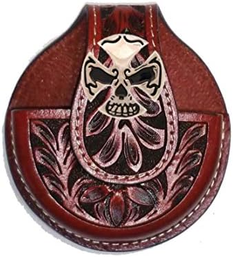 Biker Cross & Skull Concho mounted on Genuine Black Leather Snuff Can Holder with Snap Closure