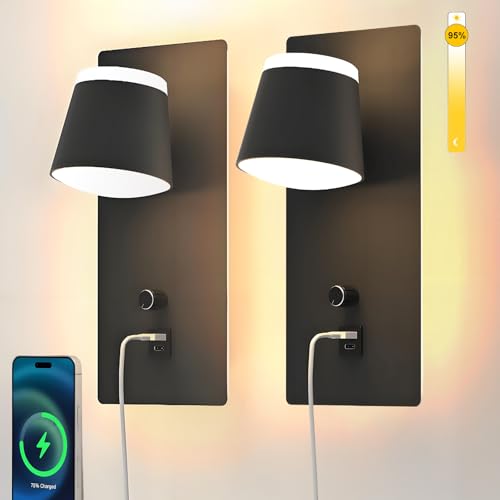 Sytmhoe 2 Pieces Wall Sconces with USB Charging Type C Bedroom, 16 W 3000 K Dimmable Rotatable Lamps for Wall Light Switch, Black Aluminium Led Lights Lamp Reading Lamp Bedside Wall