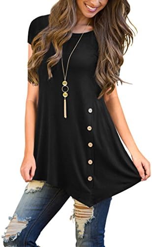 JouicaWomen's Short Sleeve Casual Scoop Neck Button Side Shirt Blouse Tunic Top