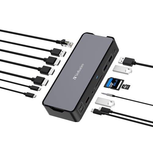 Verbatim USB-C Pro Docking Station, 15-in-1 Hub, Multiport Adapter zu HDMI 4K und 8K, USB-A und USB-C, PD 80 W, AUX, Card Reader, für Mac/Windows Laptop und Co