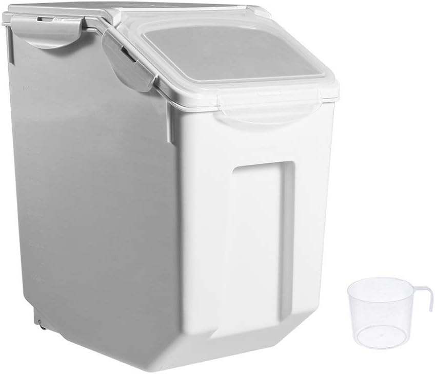 30Lbs Airtight Rice Storage Container, Sealed Food Cereal Grain Bins with Scale Measuring Cup, Pet Food Bucket Tank