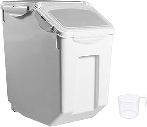 30Lbs Airtight Rice Storage Container, Sealed Food Cereal Grain Bins with Scale Measuring Cup, Pet Food Bucket Tank