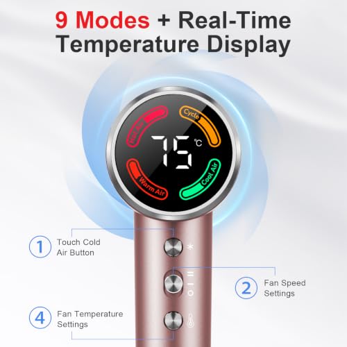 Professional Hair Dryer, High Speed, 160000 RPM, Quick Drying, 500 M Ions, Temperature Control, with Magnetic Diffuser Nozzle, 4 Temperatures, 2 Speed, for All Hair Types