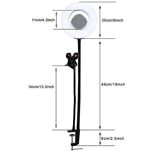 Desk LED Selfie Beauty Ring Light for Phone Live Streaming YouTube or Makeup with Flexible Gooseneck Cell Phone Clamp+3.5" Mirror Portable Photography 8-inch Dimmable 5500K O Circular Ring Lamp
