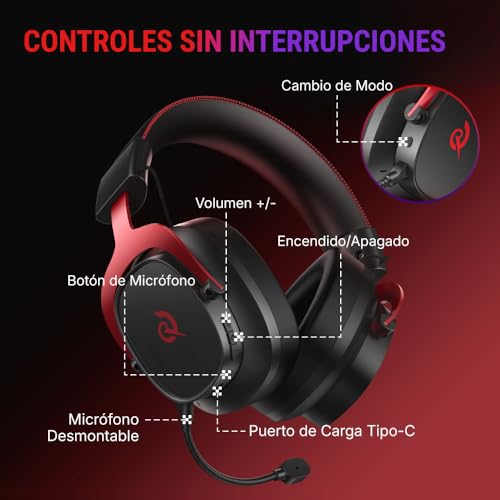QCY Heroad VT200 Cascos Gaming Inalámbricos para PC/Ps5/Ps4/Switch/Mobile, 7.1 Sonido Envolvente, Auriculares Gaming con 2.4 GHz+Bluetooth 6.0, Duración 130H, Drivers 53mm, RGB -Rojo Negro
