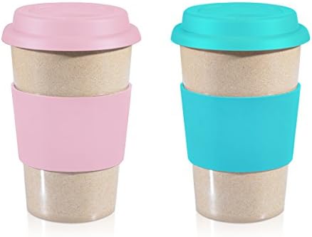 16OZ VALUE PACK PINK + BLUE 2 QTY Reusable To Go Travel Mugs Leak proof with Lid & Heat Resistant Non slip Grip. Made with 100% Organic Eco friendly Biodegradable Material FDA approved BPA free