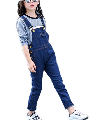 Sitmptol Girls Big Kids Jumpsuits Strap Jeans Cotton Denim Bib Overalls Dark Blue 160