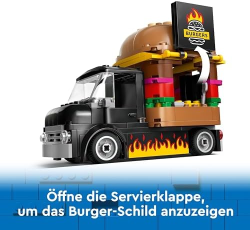 City Burger Van, Food Truck Toy for 5 Plus Year Old Boys & Girls, Vehicle Building Toys, Kitchen Playset with Vendor Minifigure and Accessories, Imaginative Play Gifts for Kids 60404