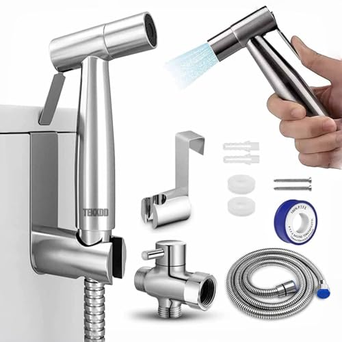 TEKXDD Kit Douchette WC, Douchette WC avec Tuyau 1,5 Mètre & Vanne 3 Voies (1/2"-3/8"), Salle de Bain, Hygiène Personnelle, Nettoyage des Couches, Facile à Installer, Argent
