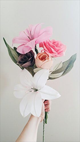 Bridal paper bouquet. Anniversary gift for her. Crepe paper flowers. Paper lilies and roses bouquet. Table flower centerpiece