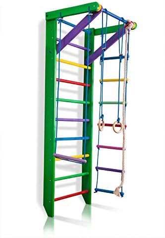 Dani Wall Bars RI-02-220, 87 in Wooden Swedish Ladder Set: Pull Up Bar, Hanging Rings, Trapeze and Rope Ladder for Training and Physical Therapy - Used in Homes, Gyms, Clinic, and Schools