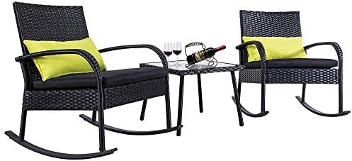 FurniTure Outdoor Wicker Bistro Set 3 Piece Rocking Patio Rattan Bistro Set Garden Wicker Rattan Set Chat Set Conversation Set Table and Seat, Black Wicker Black Cushions with Green Pillows