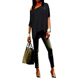 Memorose Women Loose Sleeve Plain Shoulder Off Asymmetric Hem T Shirt Top Blouse BlackXXL