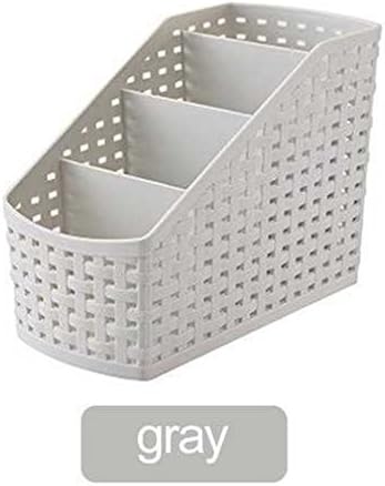 Multifunctional Plastic Desk Organizer Storage Box Case Pen Pencil Holder Imitation Rattan Narrow Type 4-Compartment Gray