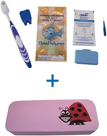 Pink, Tin, Eco-friendly Case, with Ladybug Character and Orthodontic Kit - Flossfish