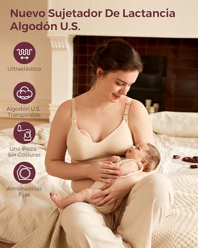 momcozy Breastfeeding Bra, Soft Cotton USA Seamless Nursing Bra, Fixed Padding, No Underwire, for Pregnancy