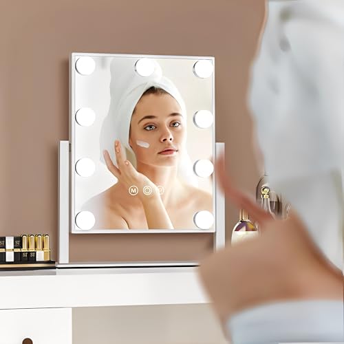 Beauenty Vanity Mirror with Lights, Lighted Makeup Mirror with 9 LED Bulbs and Detachable 10X Magnification,360° Rotation Makeup Mirror, Adjustable Brightness and 3 Color Modes