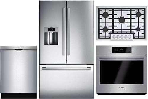Bosch 4 Piece Kitchen Package with B26FT50SNS 36" Refrigerator, NGM8056UC 30" Gas Cooktop, HBLP451UC 30" Single Wall Oven and SHS863WD5N 24" Built In Fully Integrated D/W in Stainless Steel