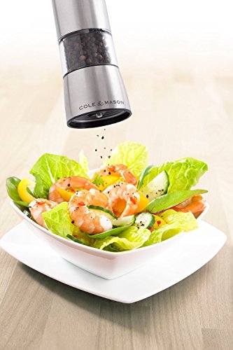 COLE & MASON Hampstead Electric Salt Grinder with LED Light - Electronic Battery Operated Mill, Stainless Steel