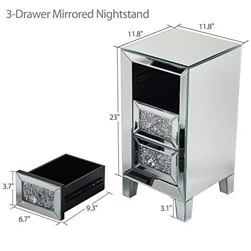 JAXPETY 3Drawer Mirrored Nightstand, Bedside Table With Crystal