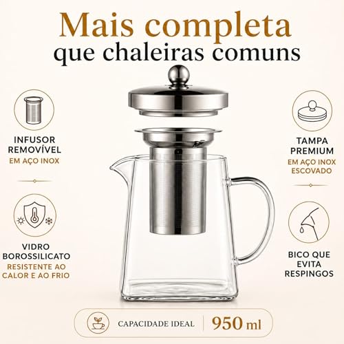 Chaleira de Vidro Borossilicato com Infusor Removível e Tampa em Aço Inox – Bule de Chá 2 em 1, Jarra de Vidro com tampa, para Chá e Infusões, Bebidas Quentes e Frias - Presente Sofisticado (950ml)