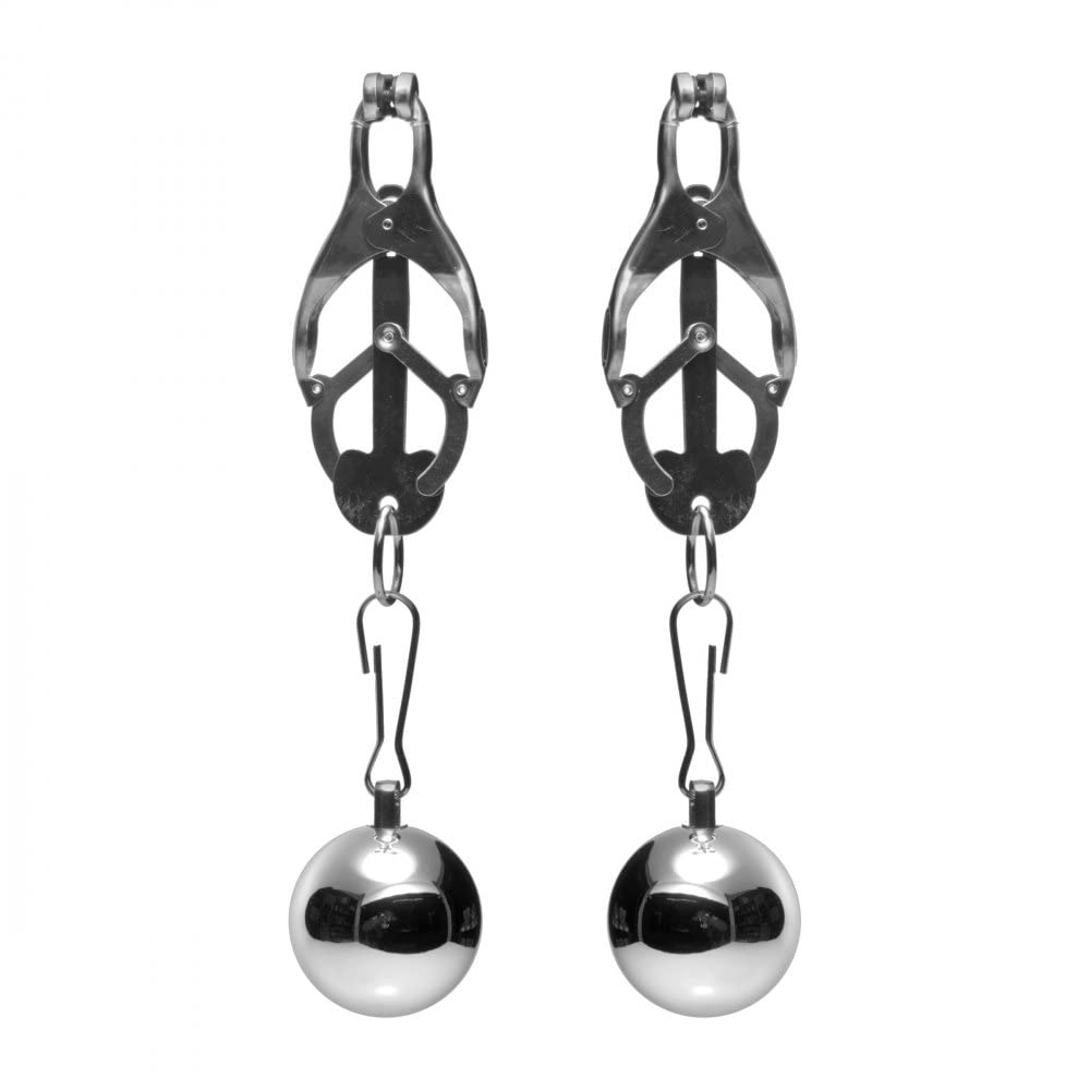 Master Series Deviant Monarch Weighted Nipple Clamps for Men, Women, and Couples, Adjustable Tension with Rubber Tips, Dual 8 Oz Weights, Metal Construction, 1 Count Restraint Accessory