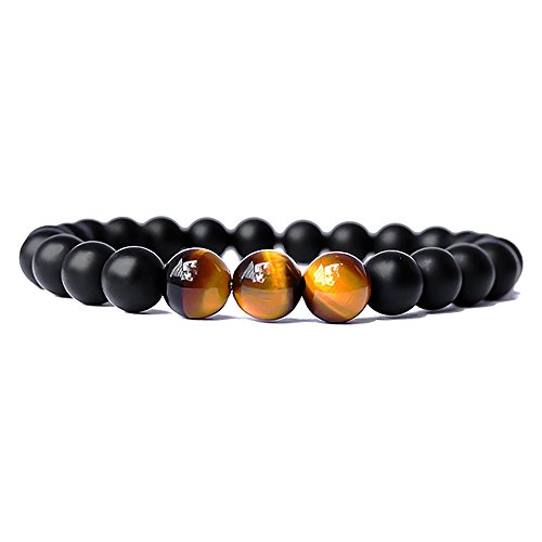 SEVENSTONE 2PCS Black Matte Onyx Prayer Beads Bracelet for Men Women Elastic Natural Stone (B 2PCS)