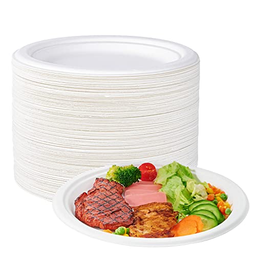 ECOLipak Compostable 10 Inch Heavy Duty Paper Plates, 150 Pack Disposable Biodegradable Eco-friendly Sugarcane Bagasse Plates for Dinner Party(White)