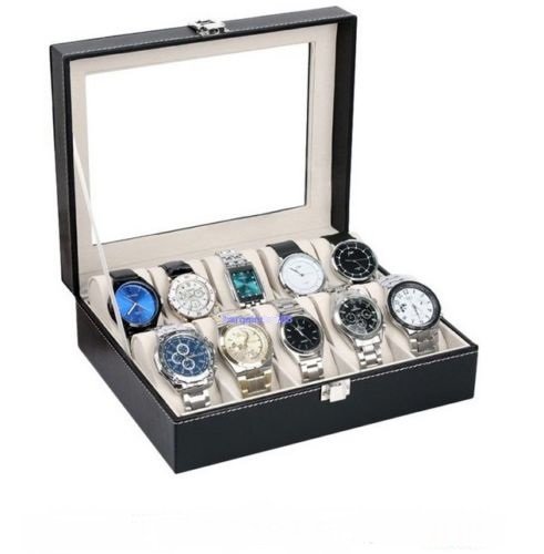 Box Storage Display Watch Leather Case Jewelry Organizer Top Glass 10 Slot Black New