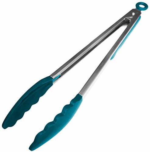 StarPack Basics Range Silicone Kitchen Tongs 12-Inch In FDA Grade, Non-Stick Friendly, Bonus 101 Cooking Tips (Teal Blue)
