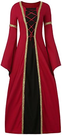 Women's Medieval Dress Halloween Cosplay Costume Lace Up Vintage Floor Length Retro Long Dress (S, B-wine)