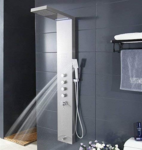 XZST LED Stainless Steel Waterfall Rainfall Shower Panel Rain Massage System With Massage Shower Jets and 3 Function Hand Shower Column, Brushed- 59 Inch …