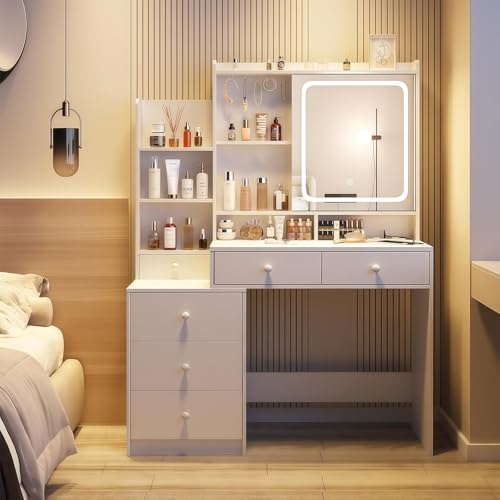 Tocador- Vanity con Espejo Luz LED Mueble para Maquillaje, Tocador de Maquillaje con Estación de Carga Escritorio, Estantes Ocultos, con 6 Cajones y Estantes de Almacenaje para Recamara (Blanco)