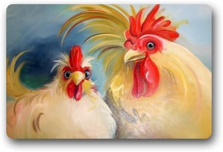 Funny Hen Rooster Couple Chicken Art Doormats Entrance Mat Floor Mat Door Mat Rug Indoor/Outdoor/Front Door/Bathroom Mats Rubber Non Slip (23.6"x15.7",L x W)
