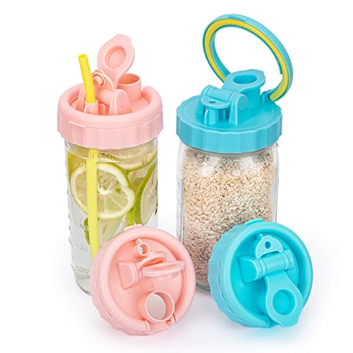 Mason Jar Lids, Wide Mouth Flip Cap Mason Lids with Straw Reusable