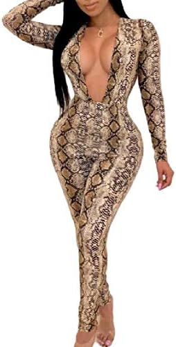Prsun Women Tights Printted Deep V Long Sleeve Snake Skin Jumpsuits Playsuits