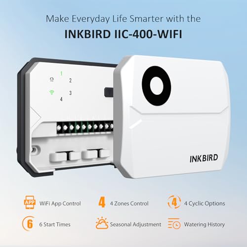 Inkbird IIC-400 4-Zone WiFi Irrigation Control Unit, Automatic WiFi Irrigation Programmer for Garden, APP Control, Integrated Non-Volatile Memory, Seasonal Adjustment, Manual Mode Support