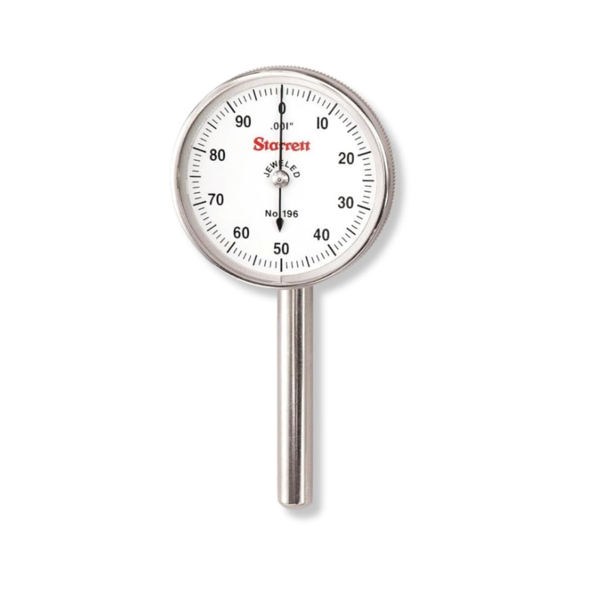 Starrett 196B5 Universal Dial Indicator, Back Plunger, White Dial, 0-50-0 Reading, 0-0.2" Range, 0.001" Graduation