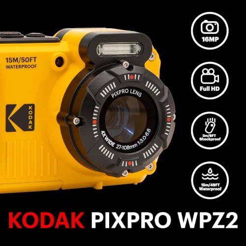 KODAK PIXPRO WPZ2 Rugged Waterproof Shockproof Dustproof WiFi Digital Camera 16MP 4X Optical Zoom 1080P Full HD Video Vlogging Camera 2.7