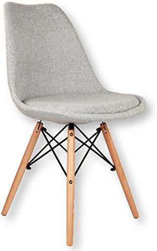 Mmilo Tulip Eiffle Inspired Dining Chair Natural Solid Wood Legs with Fabric Seat Padded Contemporary Designer Replica - Light Grey Set of 2