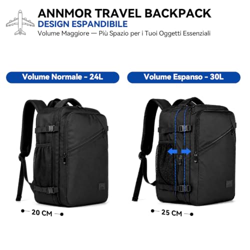 ANNMOR Travel Backpack, 24L Cabin Backpack 40x30x20 Ryanair Compliant, Expandable up to 30L for 15.6" Laptop and USB Port, Ideal for Short Trips and Weekends - Black