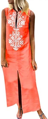 Miss Fortan Womens Summer Beach Long Dress, Ladies Casual Bohemian Print O-Neck Sleeveless Split Hem Ankle-Length Straight Maxi Dresses Holiday Sundress Baggy Kaftan