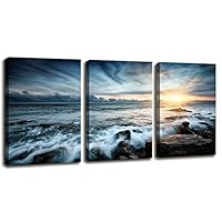 3 Piece Canvas Prints Wall Art Beach Sunset Ocean Waves Nature Pictures Paintings for Living Room Bedroom Home Decorations Modern Stretched and Framed Giclee Seascape Artwork Framed Ready to Hang