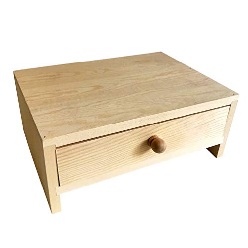 Small Monitor Stand Riser with Drawer, Hineway Natural Unfinished Wood TV Computer Screen Printer Mini Riser with Storage Organizer Drawers