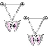 Niaspi 14G Pink Butterfly Dangle Nipple Rings for Women Surgical Steel Cubic Zircon Chains Dangling Nipplerings Nipple Studs Piercing Barbell Body Piercing Jewelry